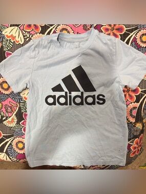adidas Light Blue Tee with Black Logo - Kids Short Sleeve